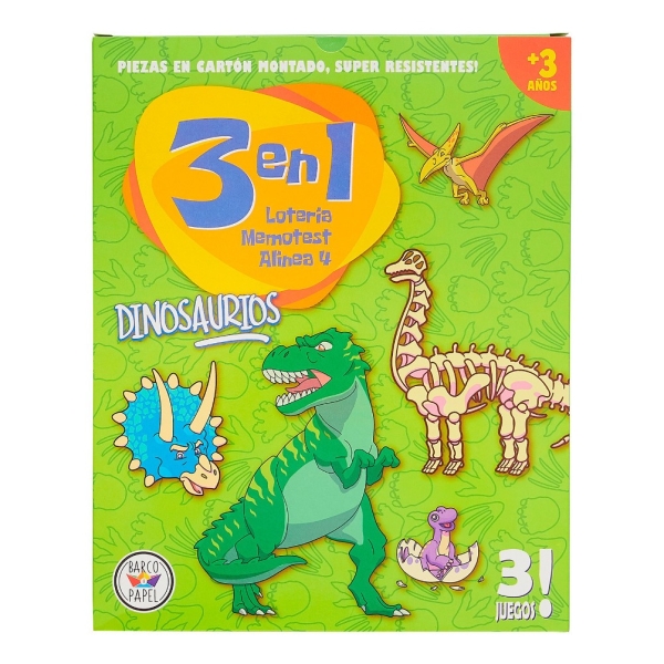 Juego De Mesa 3en1 Dinosaurio Lotería Memoria Y 4 En Línea