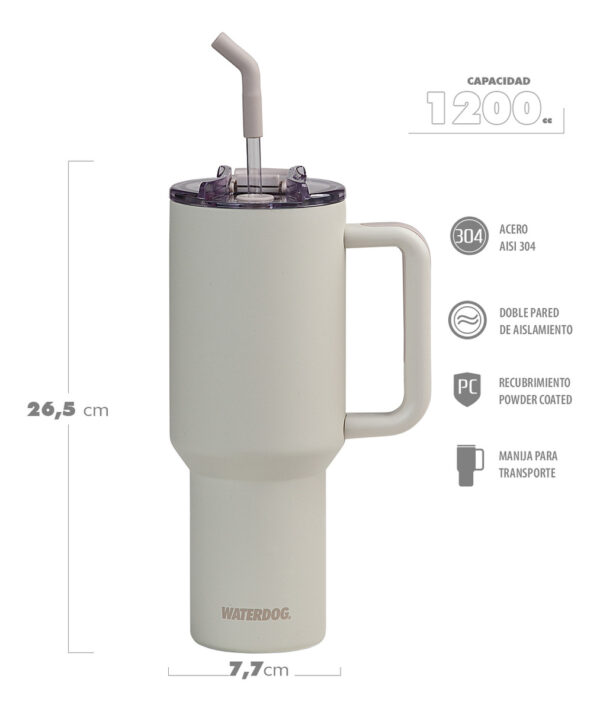 Vaso Térmico Waterdog Cold 1200ml Tapa Hermética Y Sorbete Color Beige - Imagen 2