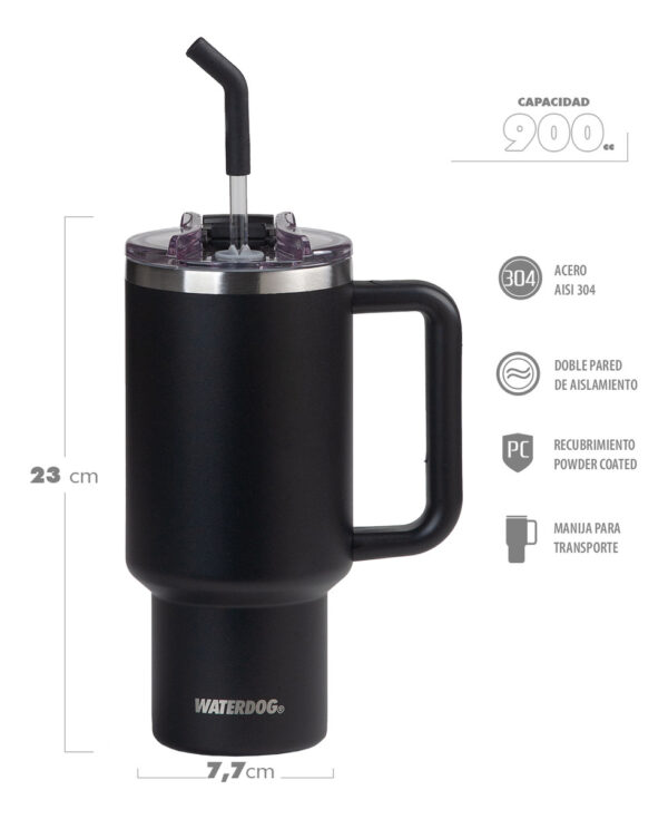 Vaso Térmico Waterdog Cold 900ml Tapa Hermética Y Sorbete Color Negro - Imagen 2
